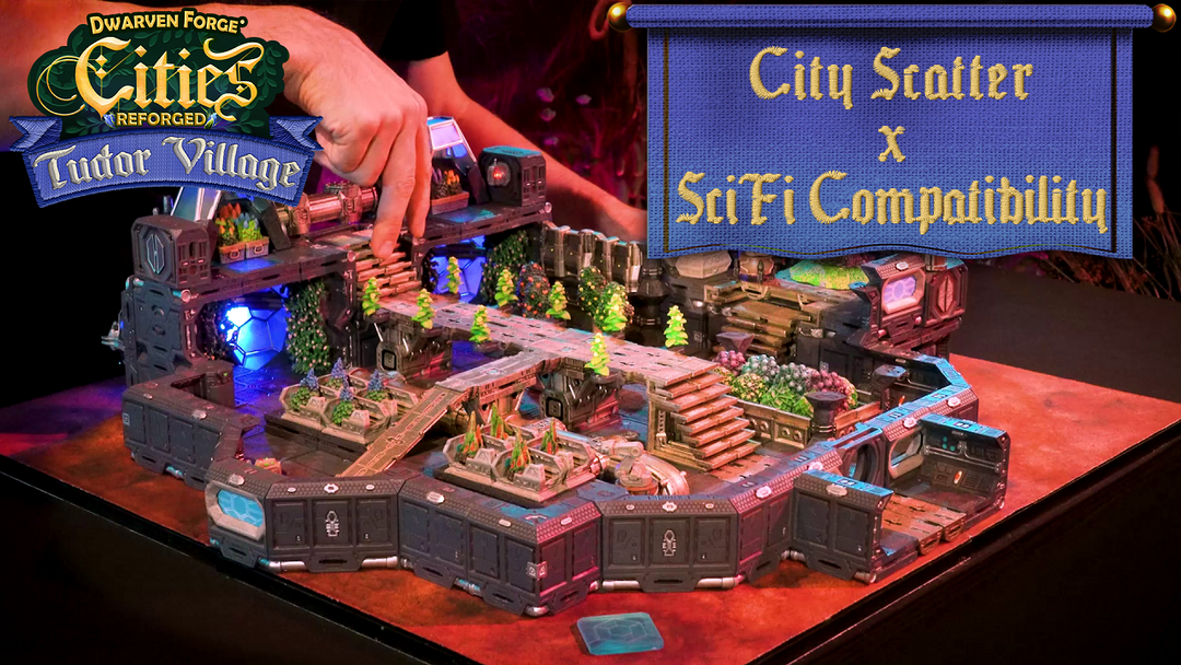 Demo build of sci-fi terrain with Cities Reforged Tudor Village accessories