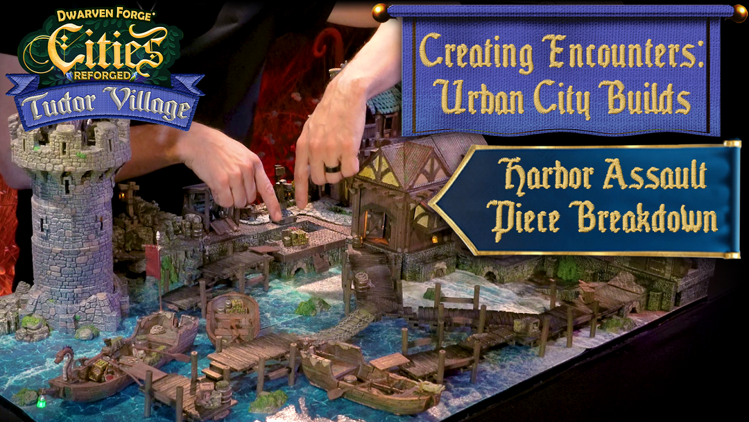 Nate standing behind a table holding the Harbor Assault build. The video's title overlays the image in embroidered graphic lettering.