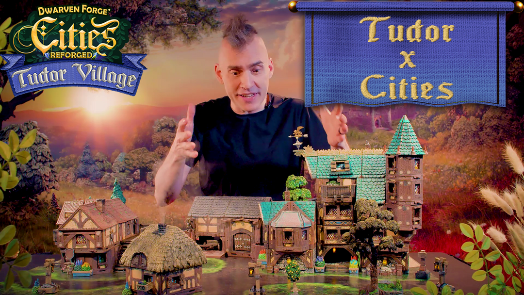Nate demonstrating compatibility between tudor, fieldstone, and rustic wood cities pieces