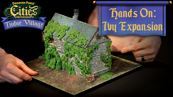 Hand pointing to ivy facade on a fieldstone building with the video title in emboridered graphic text at the top right