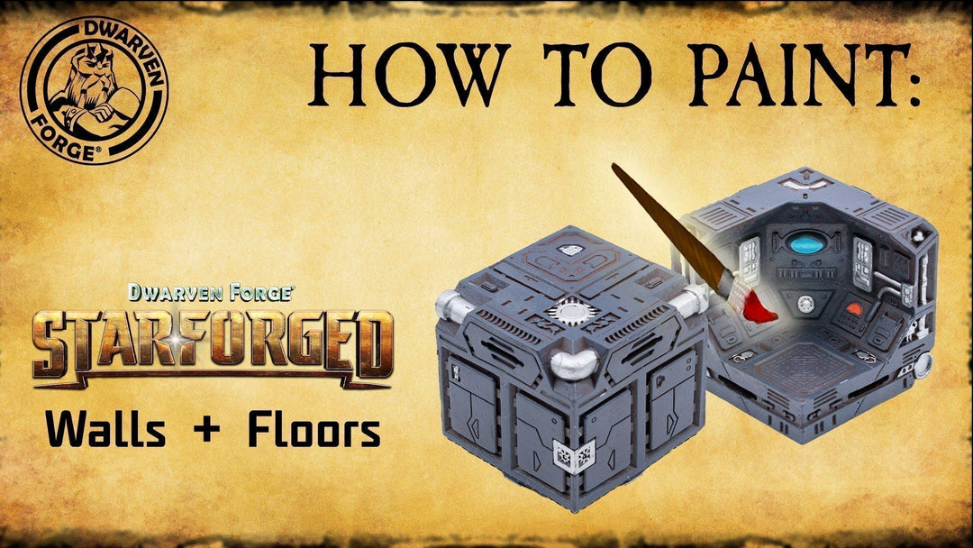 How to Paint Dwarven Forge Starforged Walls + Floors text featuring a corner wall piece with a brush hovering over it
