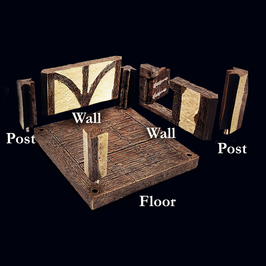 An exploded view demonstrating how a city tudor floor, tudor walls, and wall posts fit together.