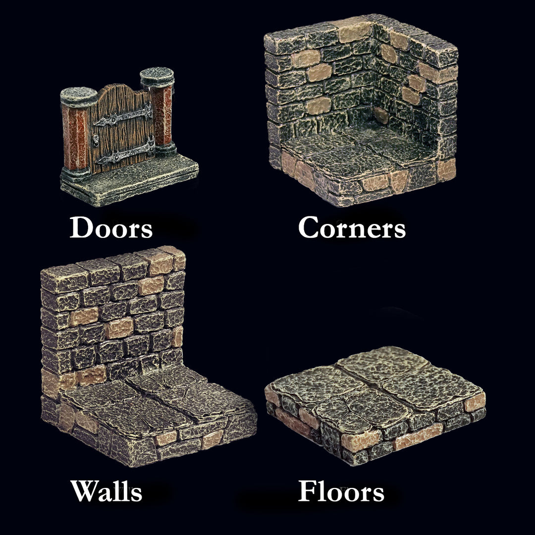 Four pieces pictured, a dungeon door, a classic dungeon corner, a classic dungeon straight wall, and vaulted dungeon floor.