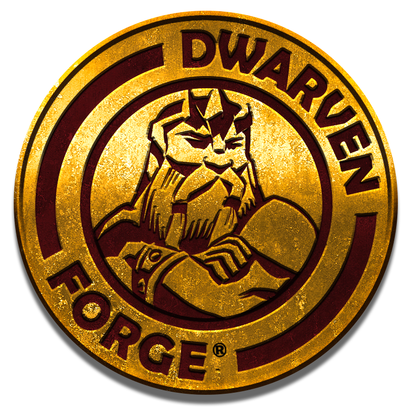 Golden emblem of the Dwarven Smith with the words Dwarven Forge at the edges