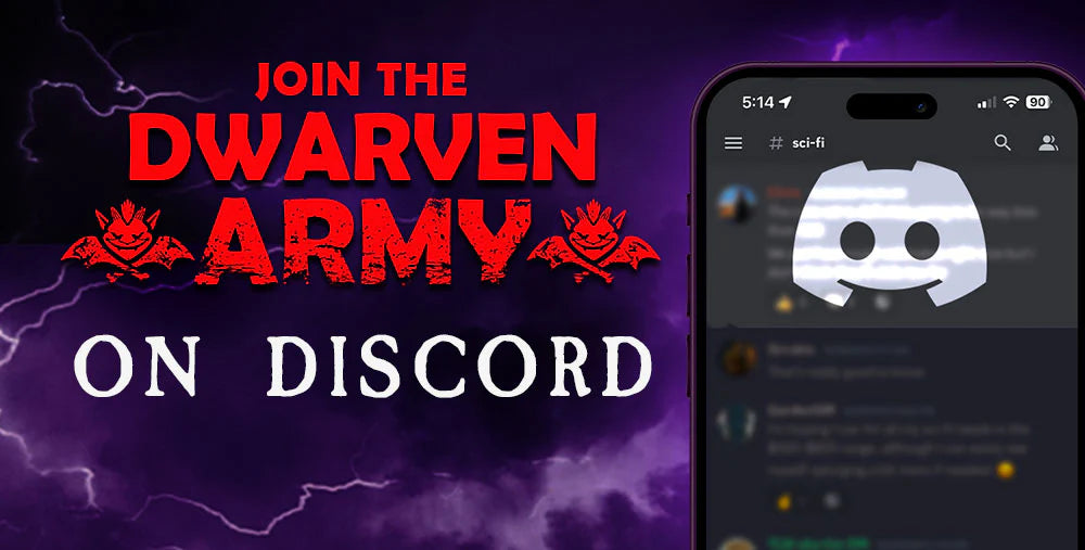 Image of a phone with the Dwarven Forge Discord server on the screen. Graphic text says Join the Dwarven Army on Discord.