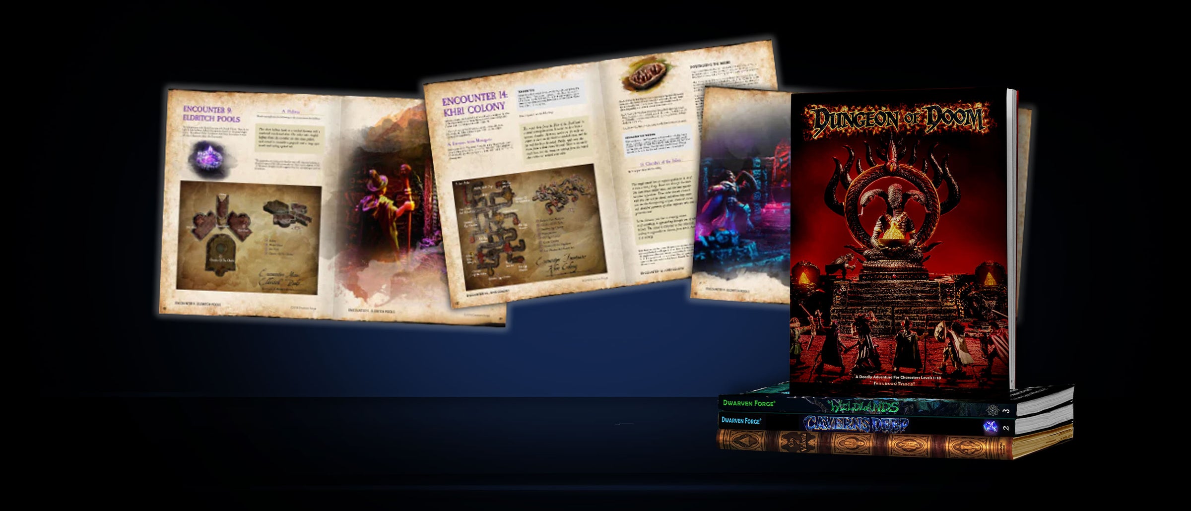 Mockups of our free pdf modules including Dungeon of Doom, Wildlands and Caverns Deep