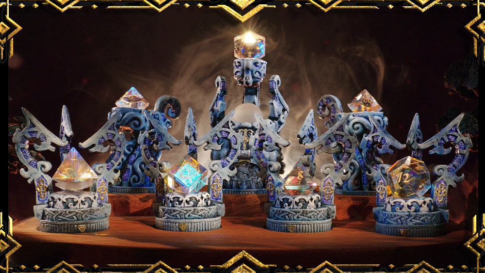 the elven seven-die array with one hero, two pedestals, and four thrones seated atop a mahogany display tray with tendrils of fog swirling in the background