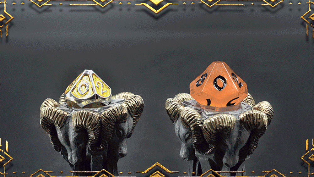Gif of a hand swapping d10 dice of varied shapes and sizes atop two dwarven pedestal dice reliquaries