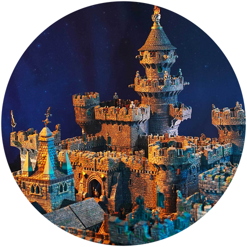 a towering castle stands illuminated against a starry sky. 