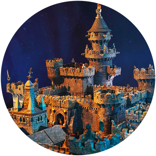 a towering castle stands illuminated against a starry sky.