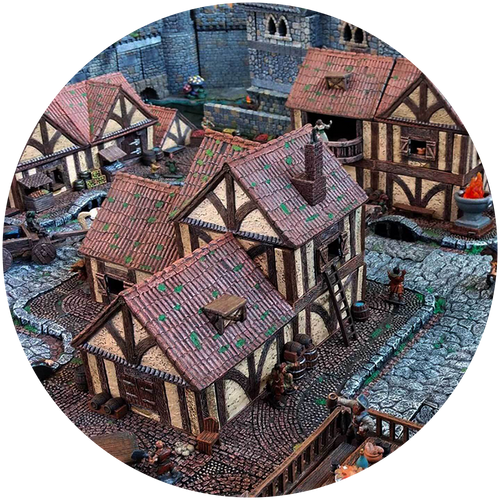 tudor and stone city builder buildings and street and alley tiles create a vibrant town center