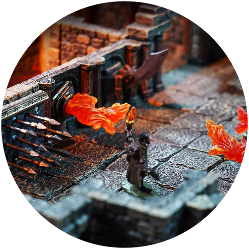 a miniature dodges flame jets and wall spikes that line the passage of a dungeon of doom