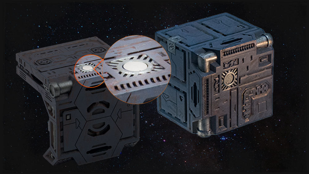 Two alpha walls side by side with an inset highlighting the anchor magnet on one of them.