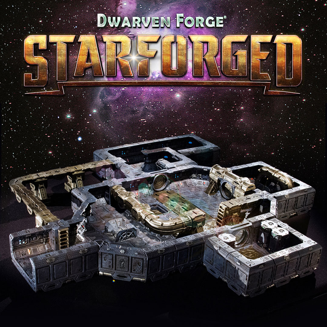 The Dwarven Forge Starforged logo over a cosmic background. A build of a miniature modular sci-fi bunker sits below it.