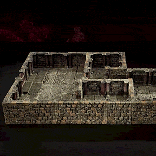 stop motion of a vaulted dungeon room being rearranged into a different configuration using the same pieces