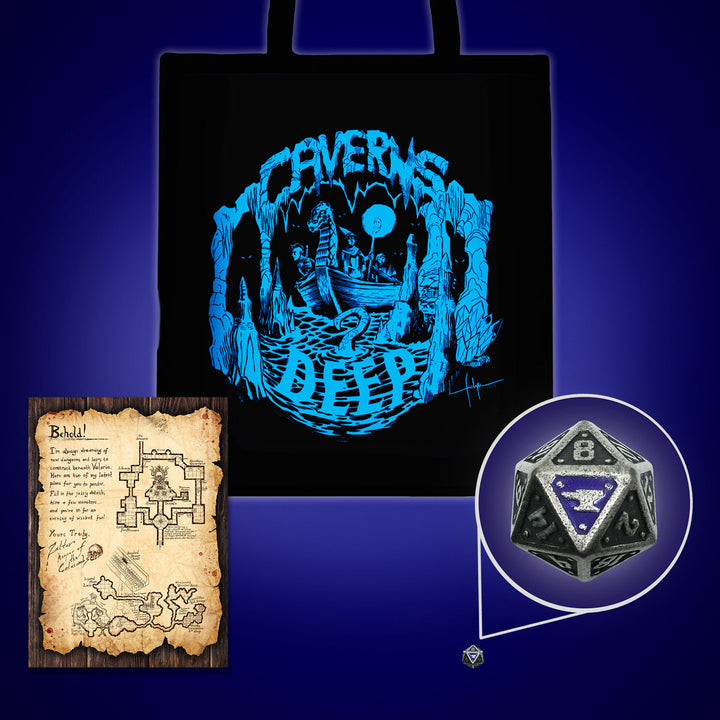 Caverns Deep d20, Tote Bag, and Map