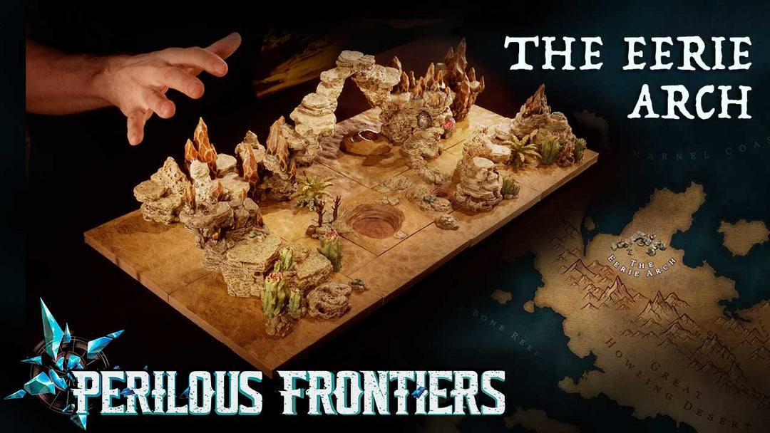 Graphic text of the video title with imagery of the Eerie Arch build in miniature desert terrain
