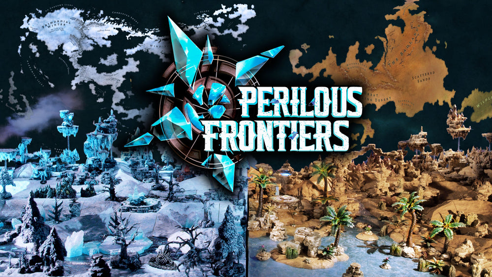 Desert and arctic terrain builds with a large map graphic in the background and Perilous Frontiers logo in the foreground