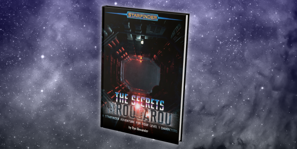 Book mock of the Secrets of the Rougarou floating in an ambient star-speckled foggy background