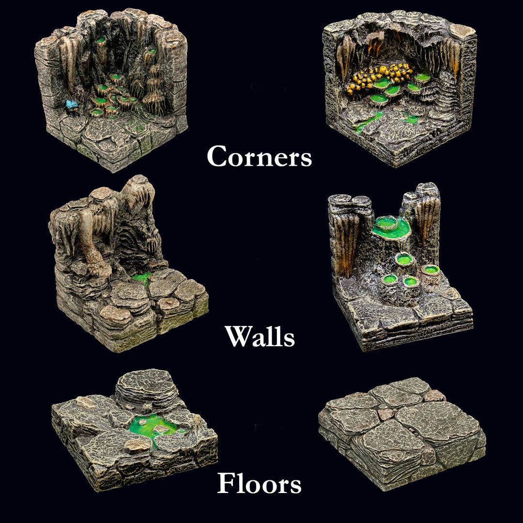 Pictured are two caverns corners, two straight walls, and two 2 inch by 2 inch floors, all with varied stalagmite and cavern pool formations