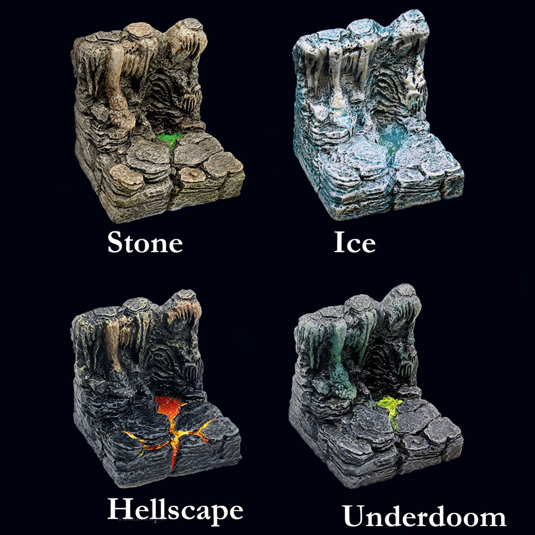 Four straight cavern walls, all similar in sculpt, each in different paint schemes: standard cavern, ice cavern, hellscape, and underdoom.
