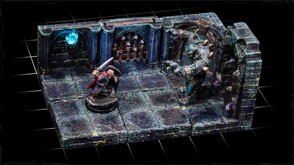 dungeon tiles shown atop a grid, demonstrating the 1-inch squares sculpted into the tiles