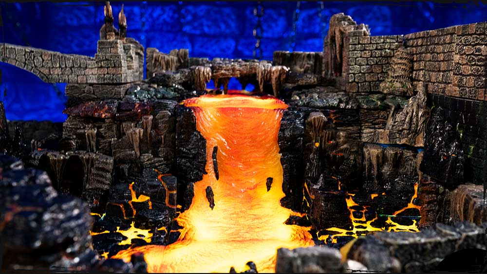 a lavafall flows through a dungeon build
