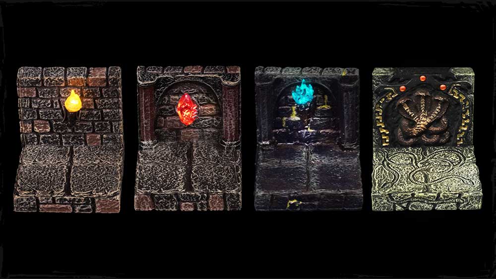 four dungeon straight walls next to each other in classic, vaulted, sinister, and forsaken dungeon themes