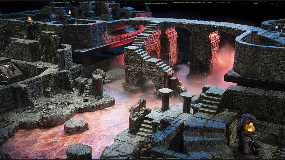 Bridges, stairs, and elevation blocks create vertical variation in a large dungeon build