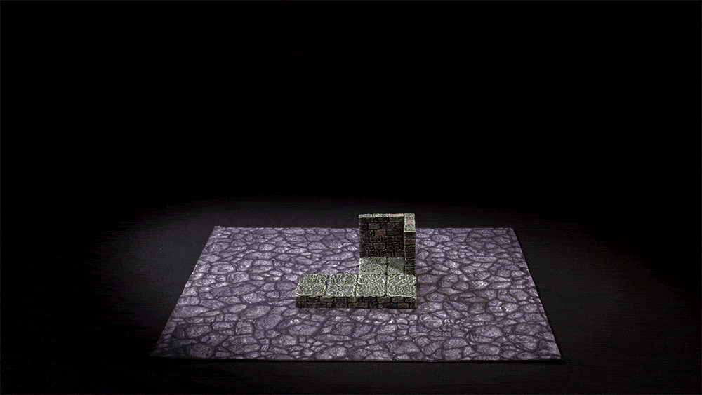a dungeon tile is placed on a terrain tray then the terrain tray is tilted to its side, showing the piece is magnetically attached to the tray.