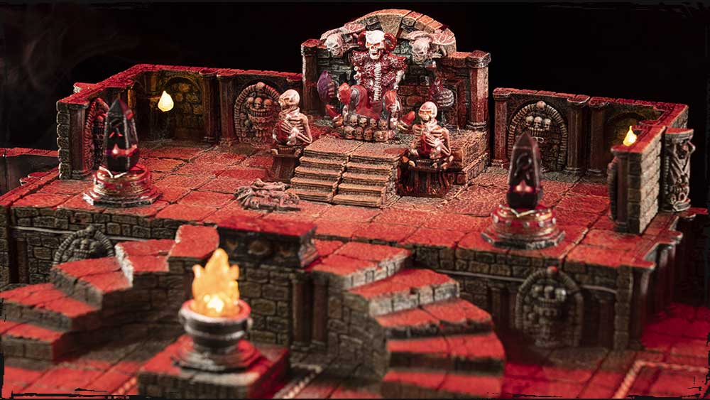 a skeletal throne sits atop a dungeon dais, scattered with catacomb walls and glowing runic crystals