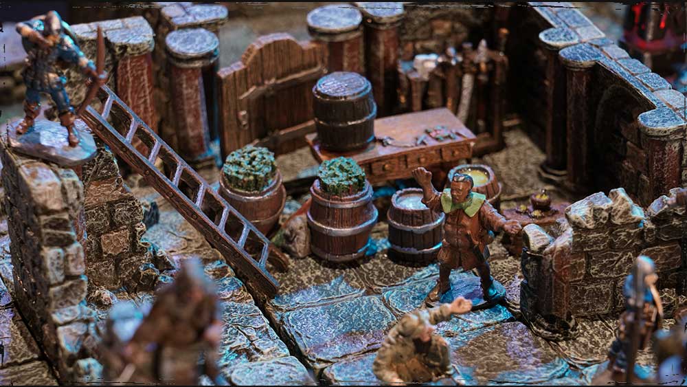 combat between guards and smugglers takes place in a dungeon hideout