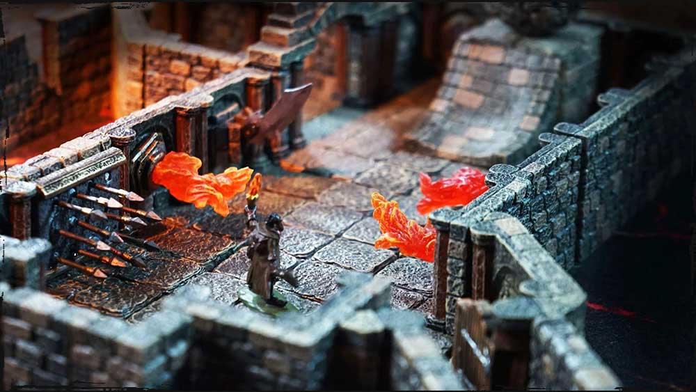 a mini traverses a harrowing dungeon hall with jet flames, spike traps, and a swinging blade