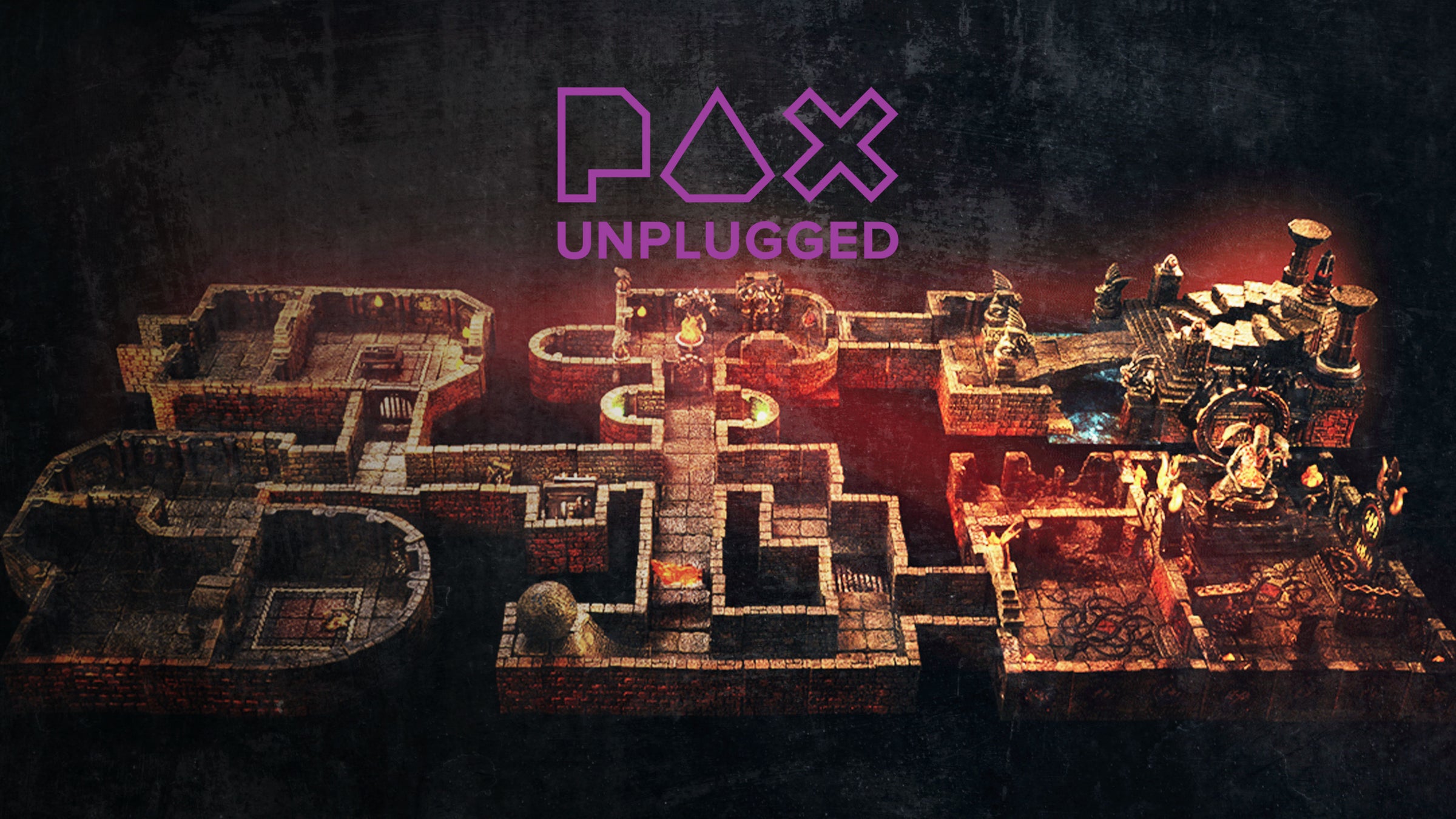 The entirety of Dungeon of Doom against a red and purple background with the PAX Unplugged logo above it.
