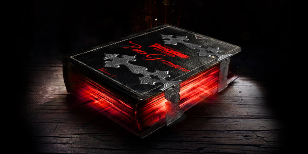 Dungeons Reforged piece grimoire locked leather bound mock up emitting a red glow from between its cursed pages