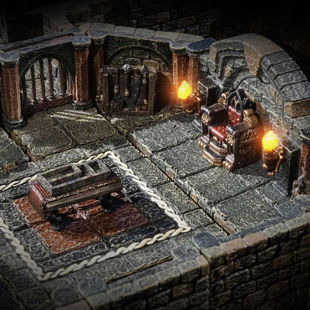 a vaulted dungeon throne room with barred iron door and LED torches