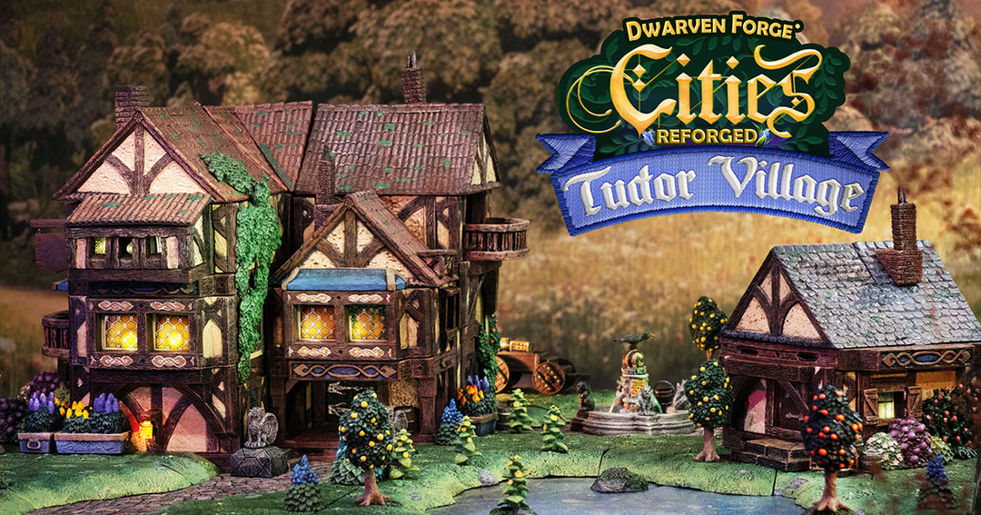 Dwarven Forge Cities Reforged logo in foreground. In the background stands two multi-story tudor homes. They are surrounded grass tiles, freestanding trees, and garden plants, with a small pond and dirt path between the two buildings.