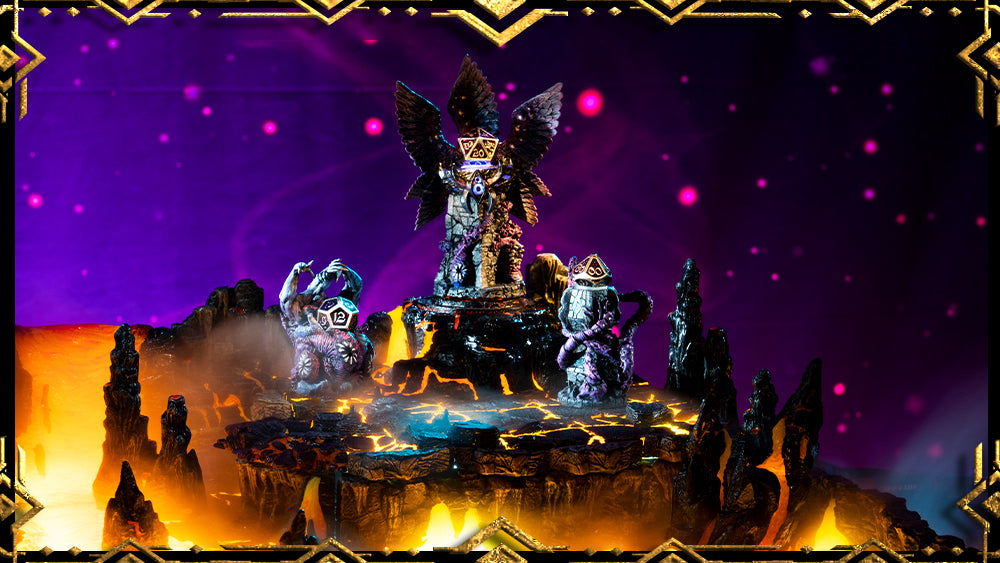 The eldritch trio of one hero, one pedestal, and one throne are seated atop a fiery hellscape setting with matching purple dice in each reliquary.