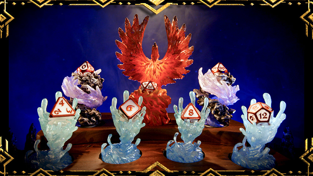 the seven die array of Elemental reliquaries, including one hero, two pedestals, and four thrones seated atop a mahogany display board. A spotlight shines on the Phoenix Arising hero.