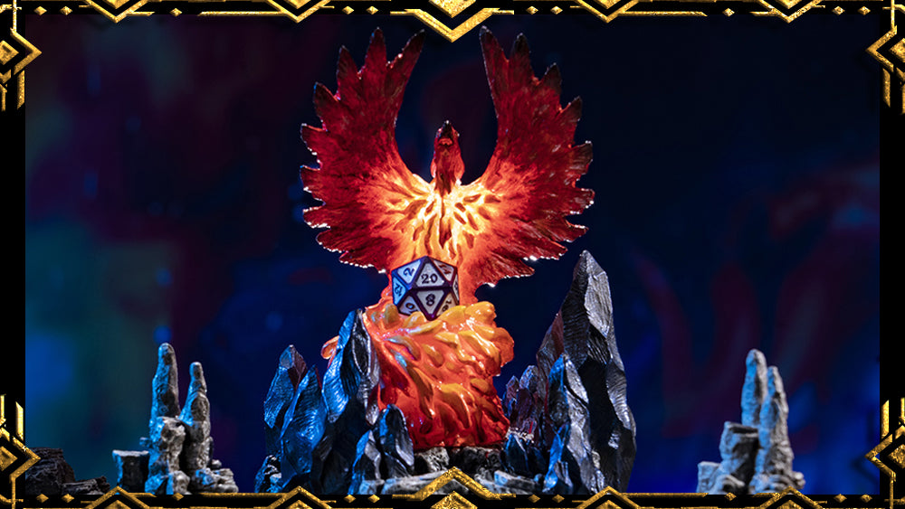 The fiery phoenix elemental reliquary seated betweenthe Wyverstone peaks of the Erinthor Mountains