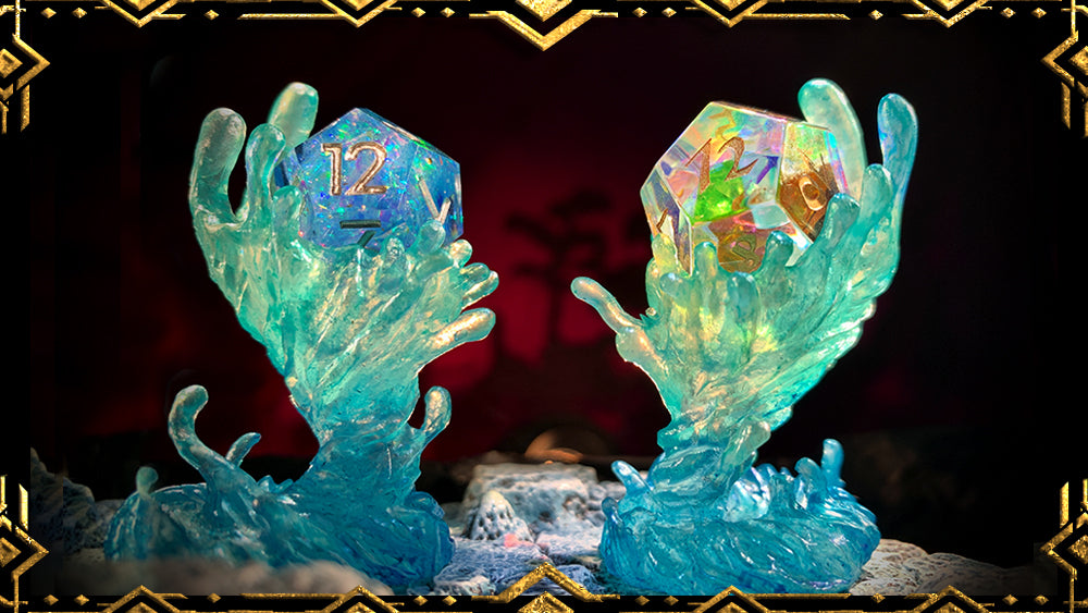 Two water elemental reliquaries holding glittery iridescent d12 dice