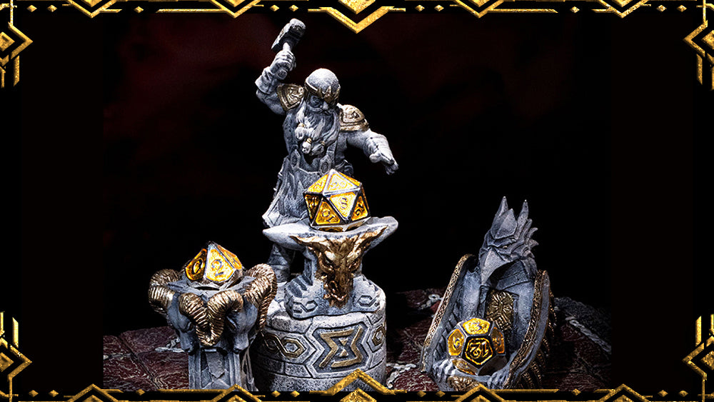 The Dwarven hero, throne, and pedestal pictured with matching golden metal dice