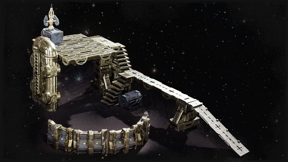 Platform structure and ramped walkway created using Starforged catwalk and pipeline pieces.