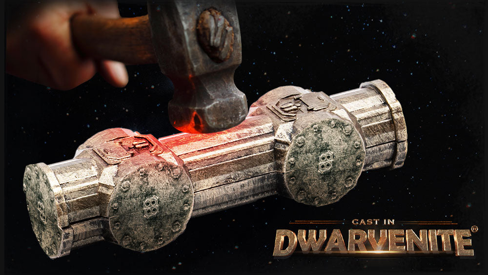 A hand holding a hammer, floating above two connected 4-inch catwalk pieces. The words Cast In Dwarvenite® appear in glowing gold letters below it.