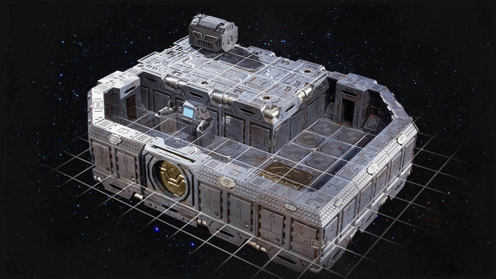 A transparent 1-inch grid overlays the sculpted grid visible on the floors of a sci-fi bunker.