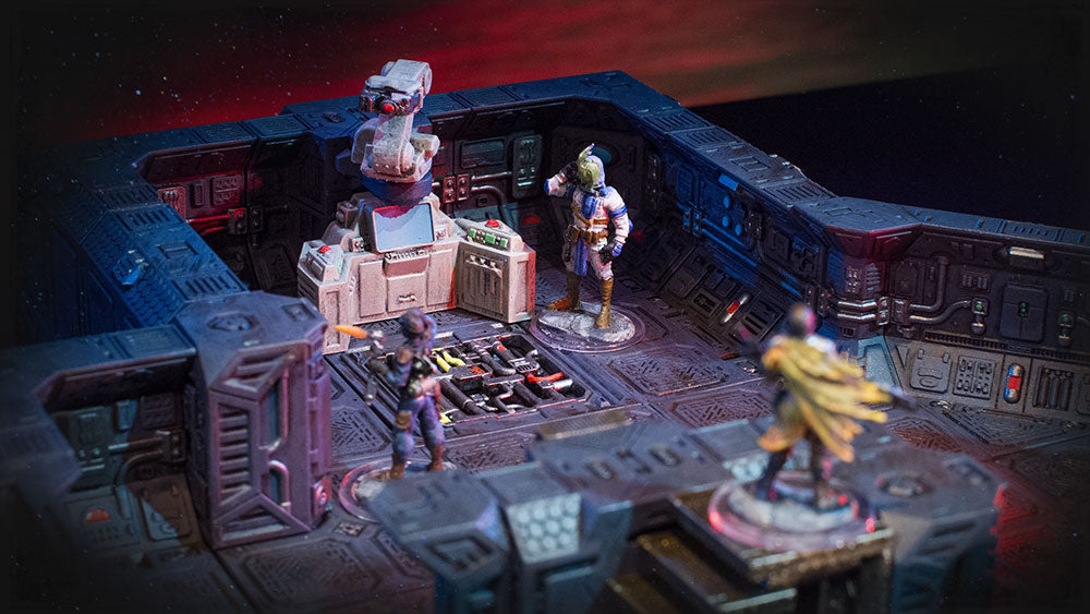 Miniatures surround the command module on the bridge of a spaceship.