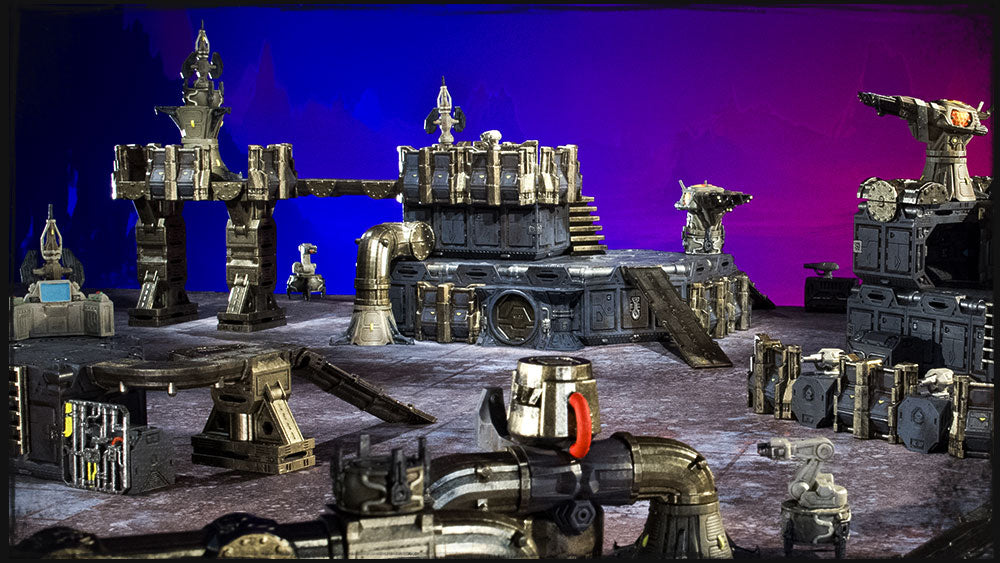A sci-fi military base with different structures scattered over a large table top.