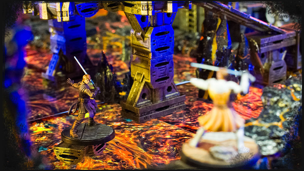 Two jedis facing off on an alien magma landscape.
