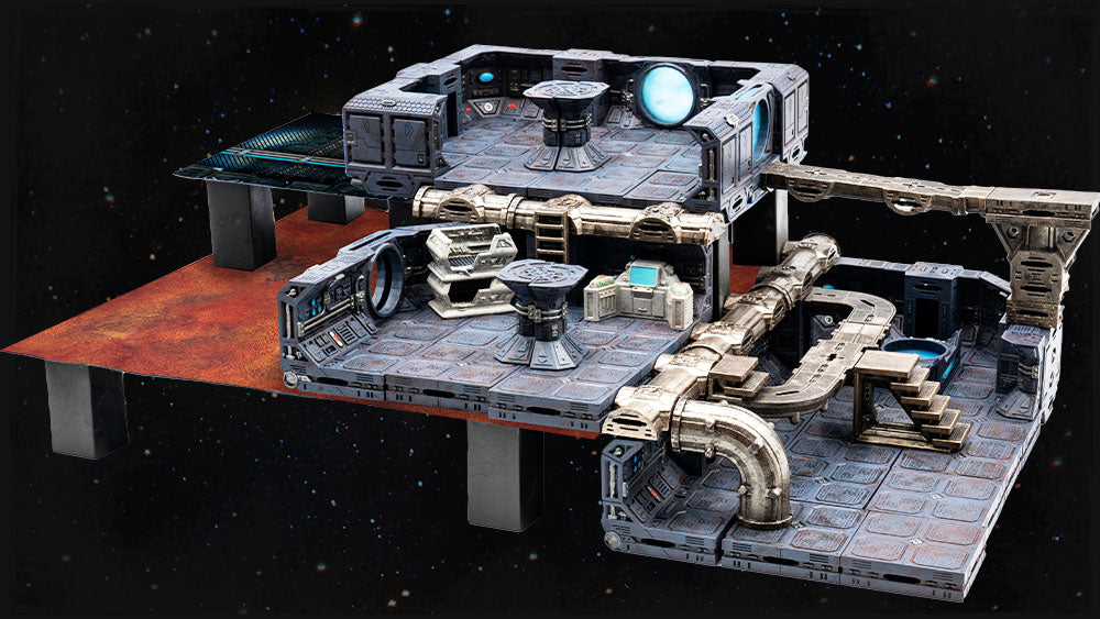 Second and third level of a bunker structure supported using magnetic stilts and metal-backed terrain trays.