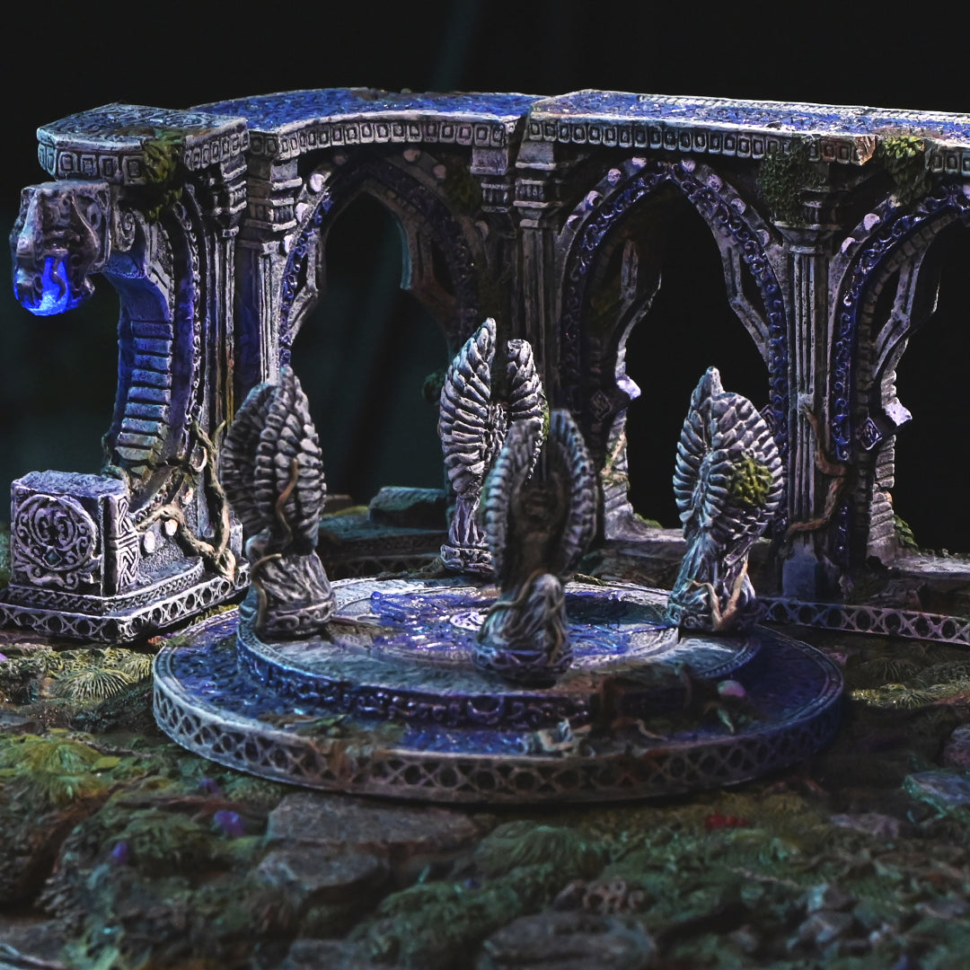 photo of the elven ruin arches and a dais, showing the sculpted architectural detail in each piece